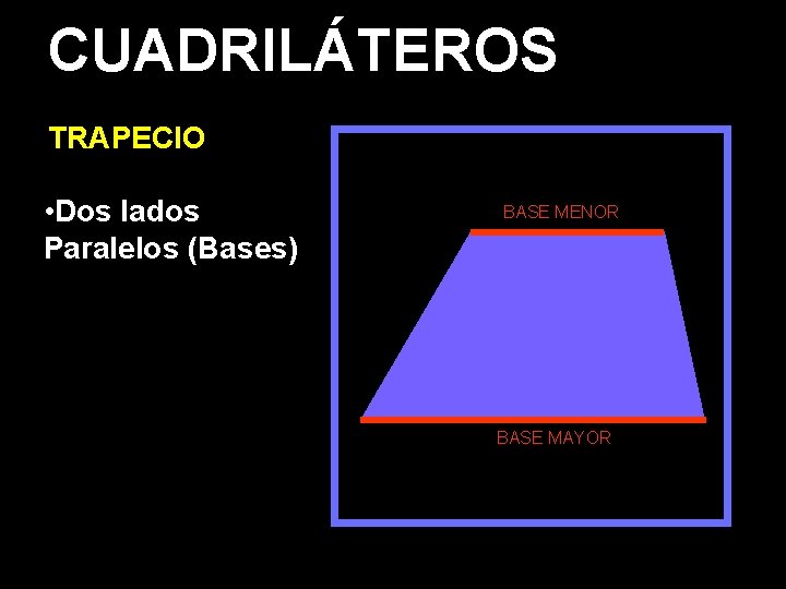 CUADRILÁTEROS TRAPECIO • Dos lados Paralelos (Bases) BASE MENOR BASE MAYOR 