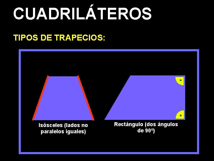 CUADRILÁTEROS TIPOS DE TRAPECIOS: Isósceles (lados no paralelos iguales) Rectángulo (dos ángulos de 90º)