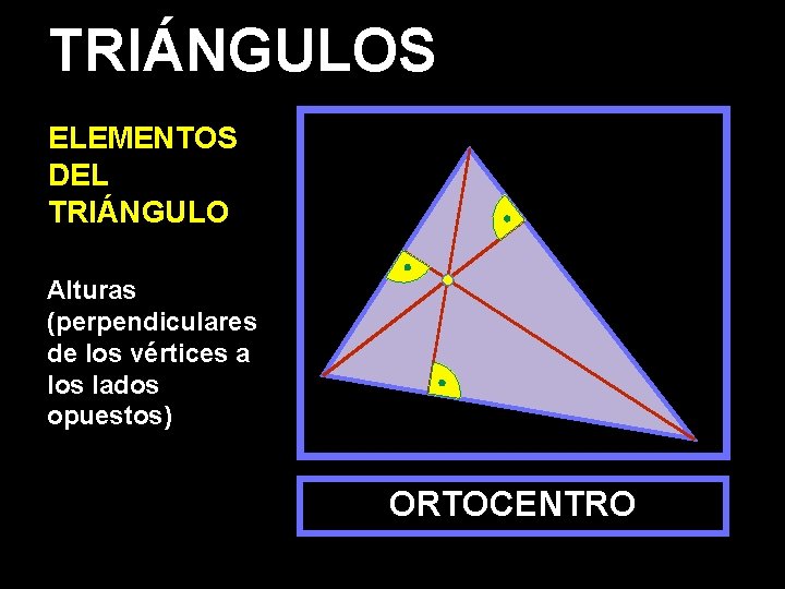 TRIÁNGULOS ELEMENTOS DEL TRIÁNGULO Alturas (perpendiculares de los vértices a los lados opuestos) ORTOCENTRO