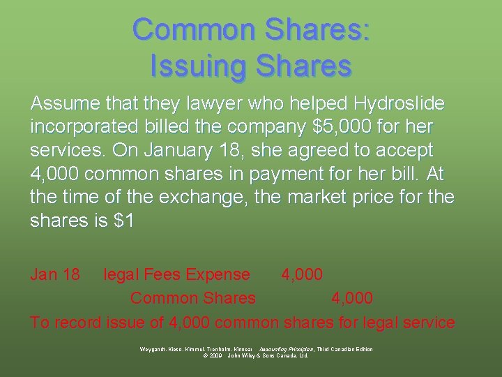 Common Shares: Issuing Shares Assume that they lawyer who helped Hydroslide incorporated billed the