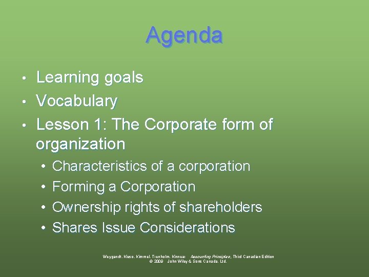 Agenda Learning goals • Vocabulary • Lesson 1: The Corporate form of organization •