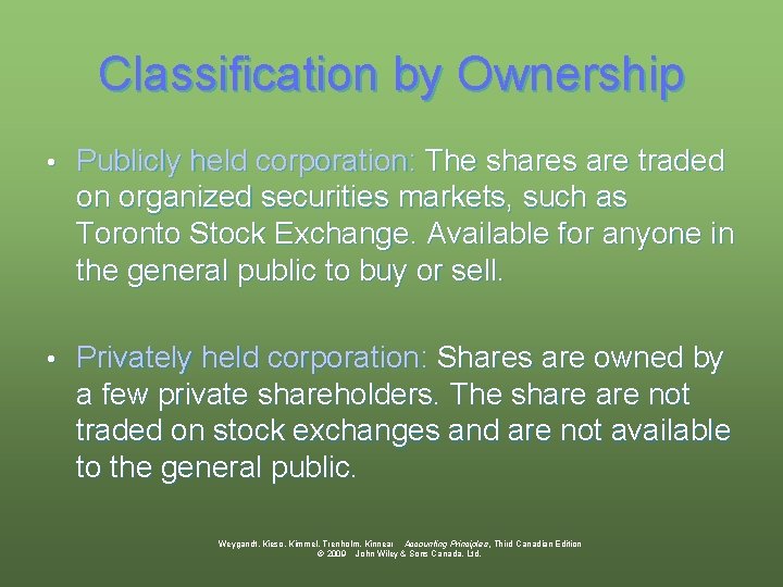 Classification by Ownership • Publicly held corporation: The shares are traded on organized securities