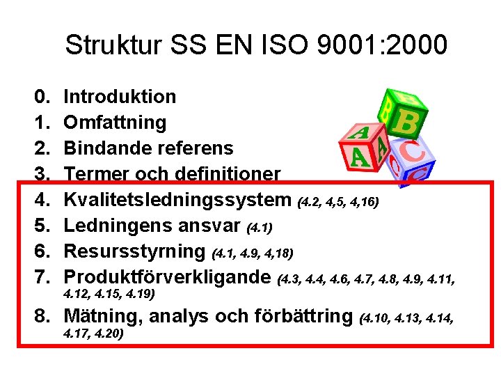 Struktur SS EN ISO 9001: 2000 0. 1. 2. 3. 4. 5. 6. 7.