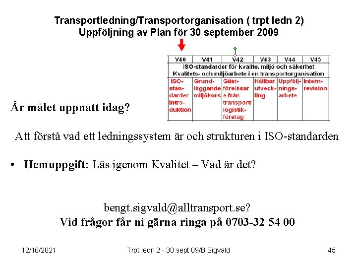 Transportledning/Transportorganisation ( trpt ledn 2) Uppföljning av Plan för 30 september 2009 År målet