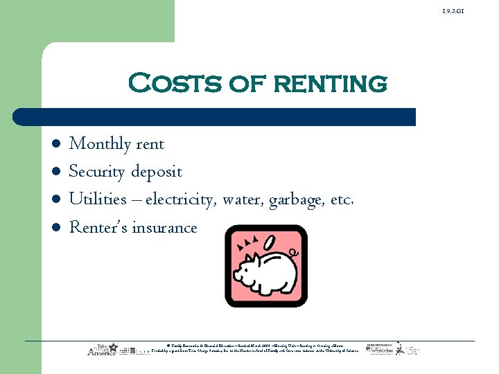 1. 9. 3. G 1 Costs of renting l l Monthly rent Security deposit