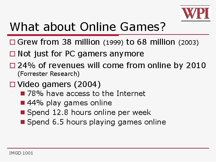 What about Online Games? o Grew from 38 million (1999) to 68 million (2003)