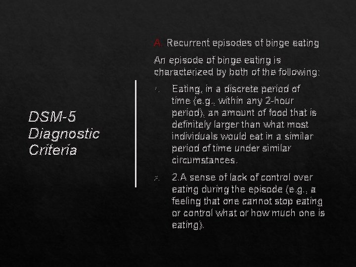 A. Recurrent episodes of binge eating An episode of binge eating is characterized by