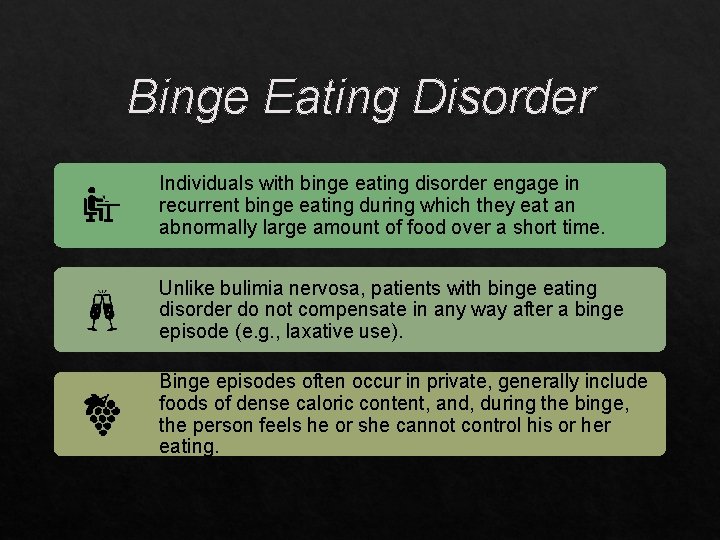 Binge Eating Disorder Individuals with binge eating disorder engage in recurrent binge eating during