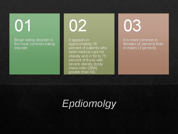 01 02 03 Binge eating disorder is the most common eating disorder. It appears