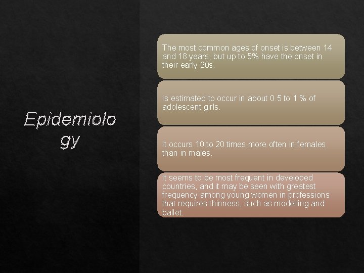 The most common ages of onset is between 14 and 18 years, but up