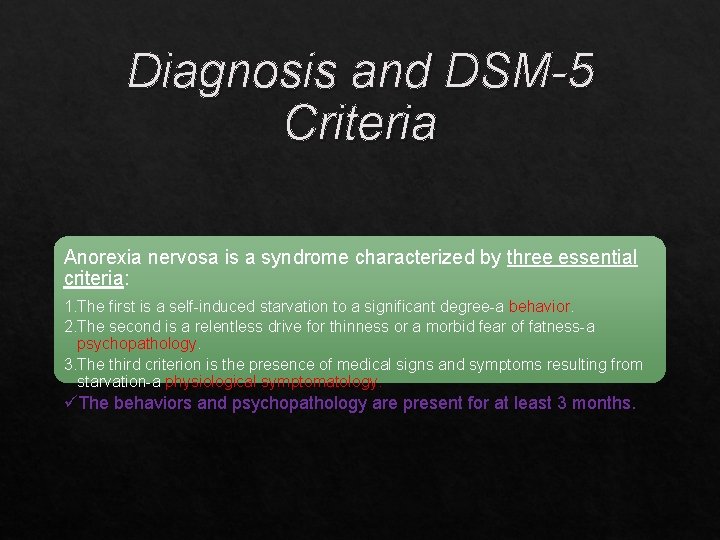 Diagnosis and DSM-5 Criteria Anorexia nervosa is a syndrome characterized by three essential criteria: