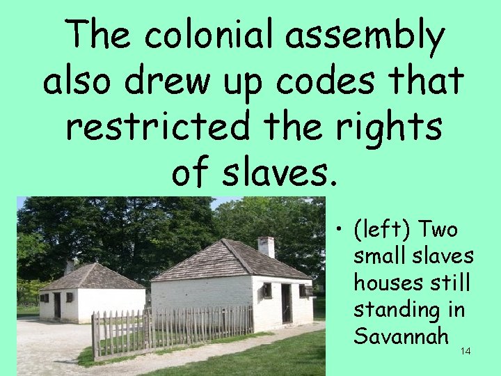 The colonial assembly also drew up codes that restricted the rights of slaves. •