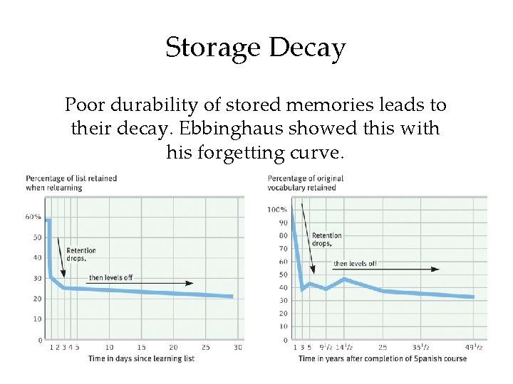 Storage Decay Poor durability of stored memories leads to their decay. Ebbinghaus showed this