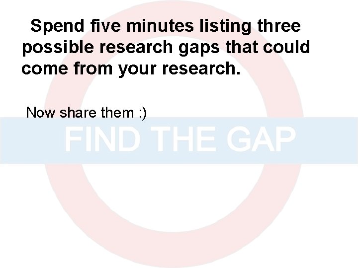 Spend five minutes listing three possible research gaps that could come from your research.