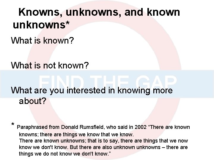 Knowns, unknowns, and known unknowns* What is known? What is not known? What are