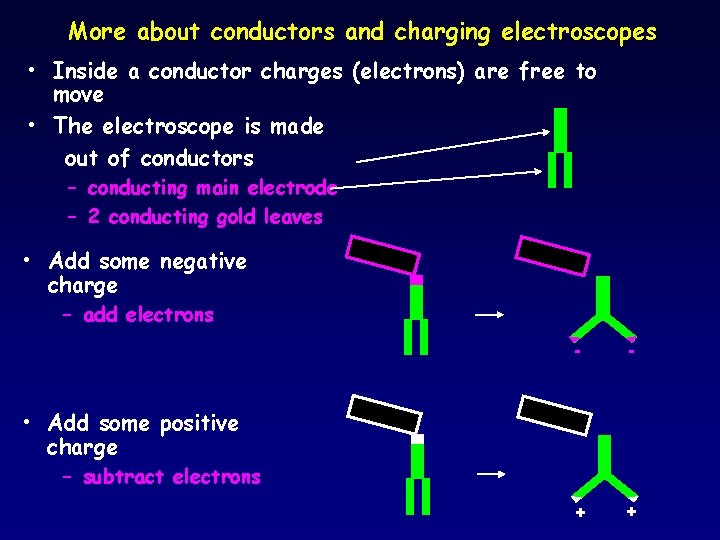 More about conductors and charging electroscopes • Inside a conductor charges (electrons) are free