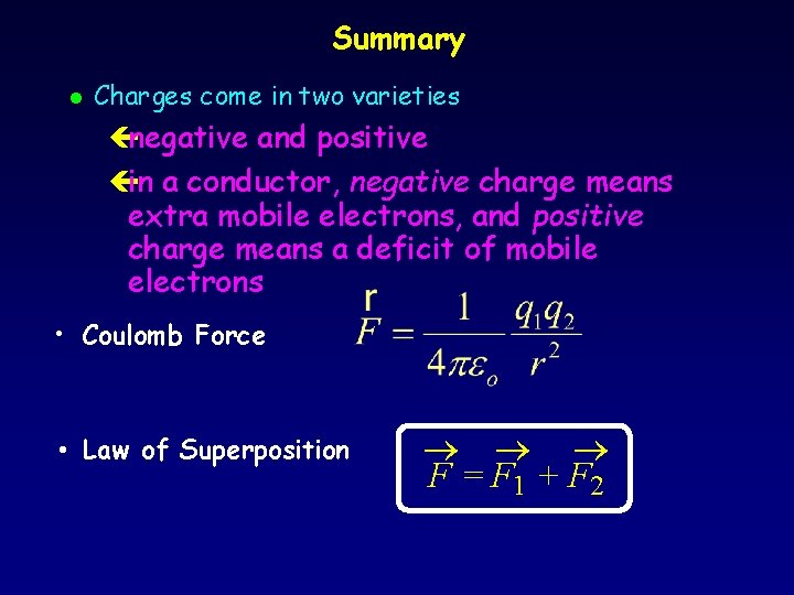 Summary l Charges come in two varieties çnegative and positive çin a conductor, negative