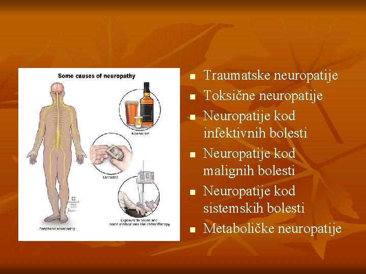 n n n Traumatske neuropatije Toksične neuropatije Neuropatije kod infektivnih bolesti Neuropatije kod malignih