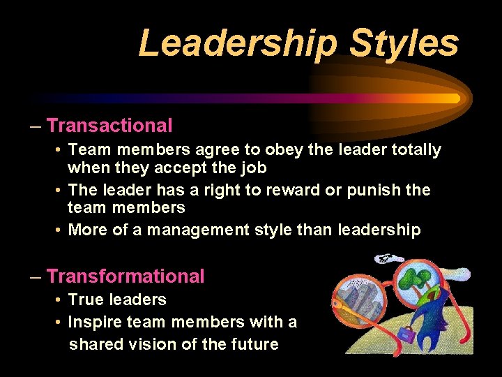 Leadership Styles – Transactional • Team members agree to obey the leader totally when
