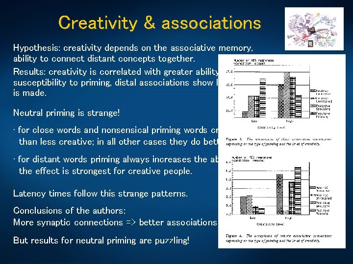 Creativity & associations Hypothesis: creativity depends on the associative memory, ability to connect distant