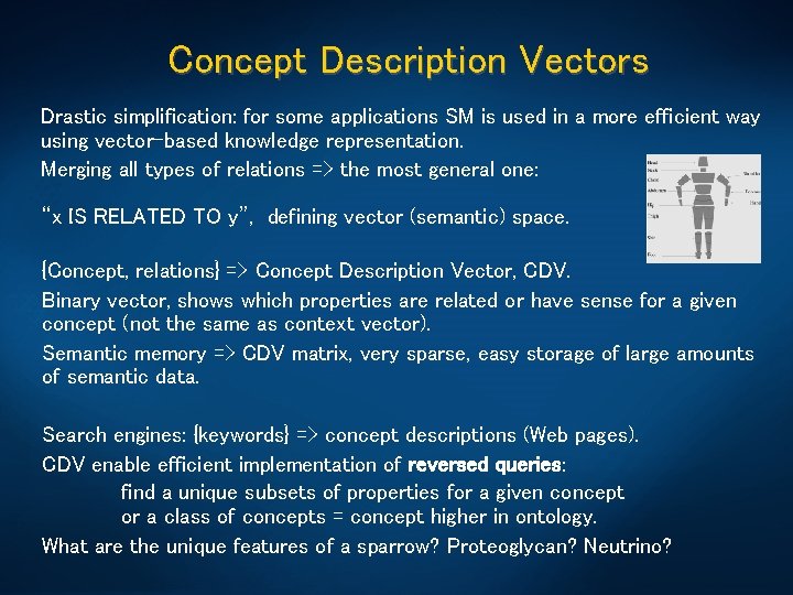 Concept Description Vectors Drastic simplification: for some applications SM is used in a more