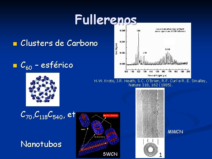 Fullerenos n Clusters de Carbono n C 60 – esférico H. W. Kroto, J.