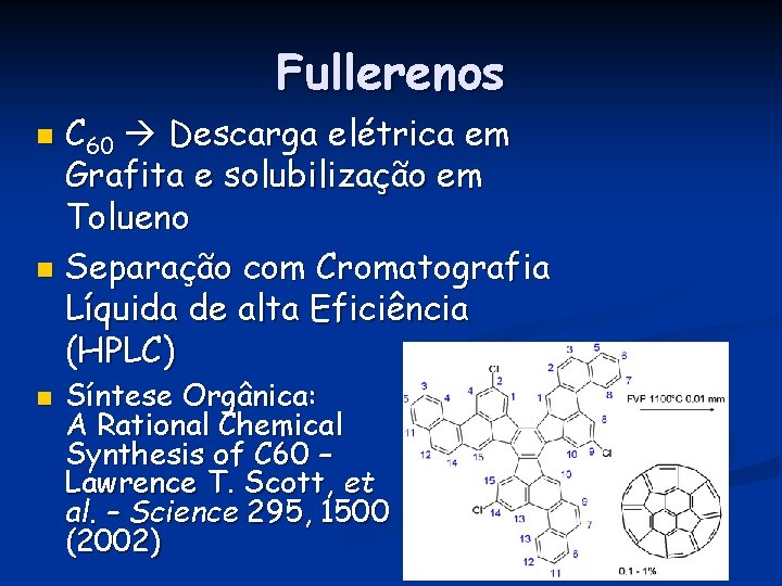 Fullerenos C 60 Descarga elétrica em Grafita e solubilização em Tolueno n Separação com