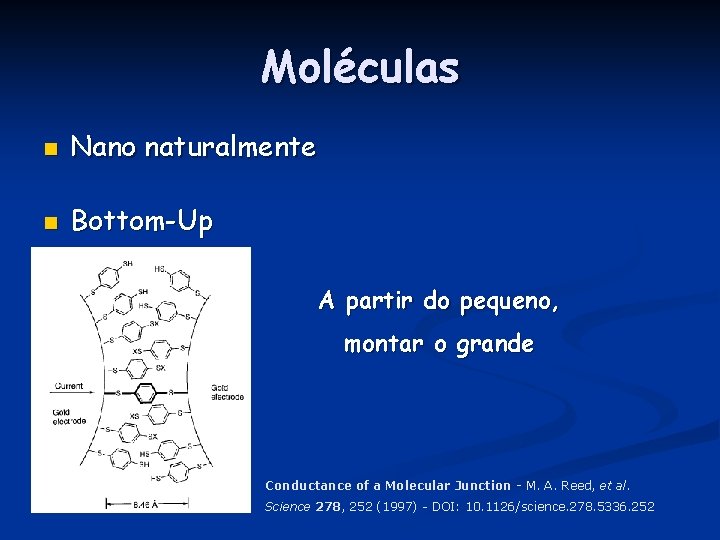 Moléculas n Nano naturalmente n Bottom-Up A partir do pequeno, montar o grande Conductance