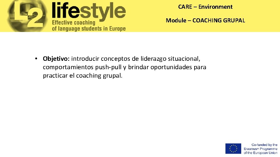 CARE – Environment Module – COACHING GRUPAL • Objetivo: introducir conceptos de liderazgo situacional,