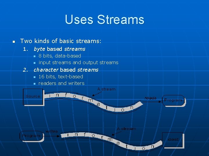 Uses Streams n Two kinds of basic streams: 1. byte based streams n n