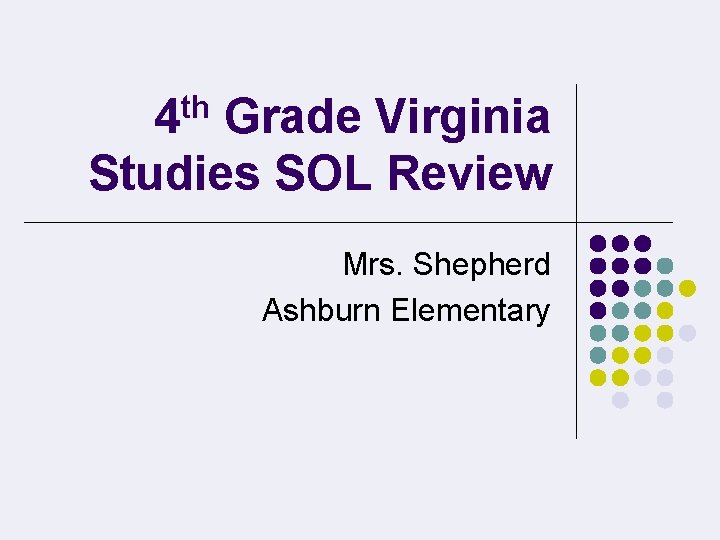 th 4 Grade Virginia Studies SOL Review Mrs. Shepherd Ashburn Elementary 