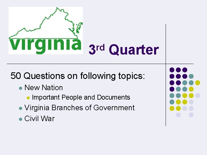 rd 3 Quarter 50 Questions on following topics: l New Nation l Important People