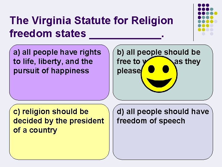 The Virginia Statute for Religion freedom states ______. a) all people have rights to