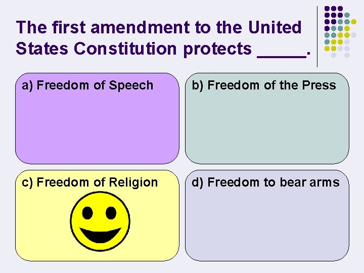 The first amendment to the United States Constitution protects _____. a) Freedom of Speech