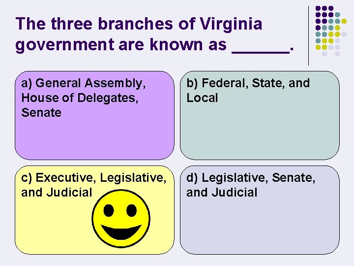 The three branches of Virginia government are known as ______. a) General Assembly, House