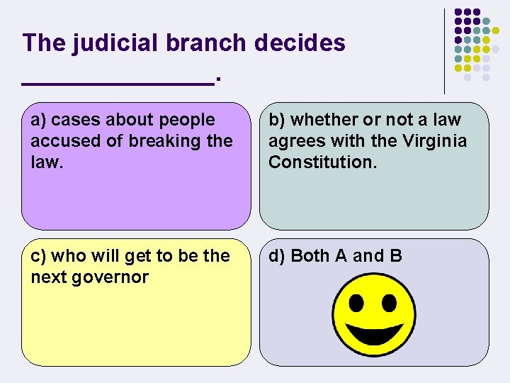 The judicial branch decides _______. a) cases about people accused of breaking the law.
