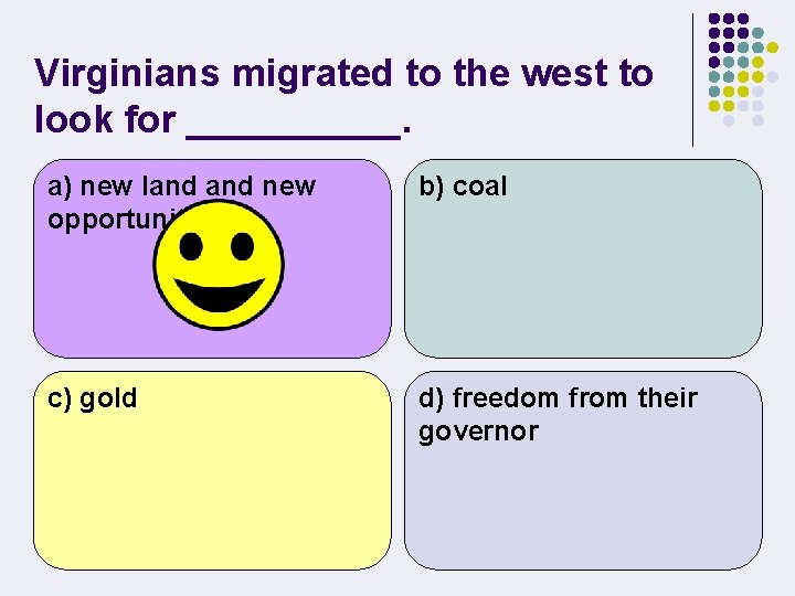 Virginians migrated to the west to look for _____. a) new land new opportunities.