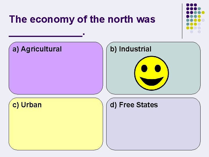 The economy of the north was _______. a) Agricultural b) Industrial c) Urban d)