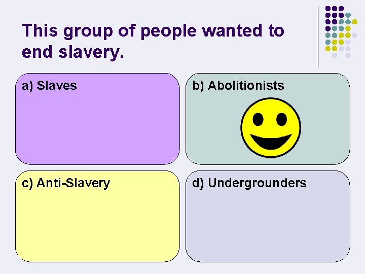 This group of people wanted to end slavery. a) Slaves b) Abolitionists c) Anti-Slavery
