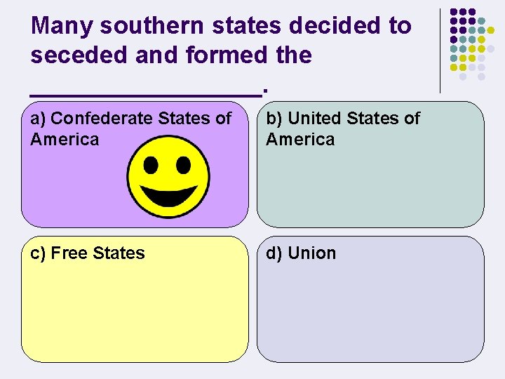Many southern states decided to seceded and formed the _________. a) Confederate States of