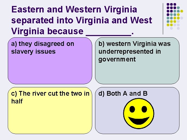 Eastern and Western Virginia separated into Virginia and West Virginia because _____. a) they