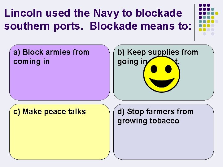 Lincoln used the Navy to blockade southern ports. Blockade means to: a) Block armies