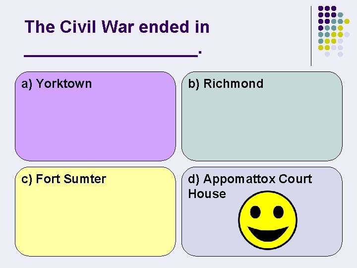 The Civil War ended in _________. a) Yorktown b) Richmond c) Fort Sumter d)