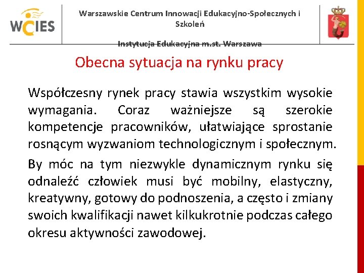 Warszawskie Centrum Innowacji Edukacyjno-Społecznych i Szkoleń Instytucja Edukacyjna m. st. Warszawa Obecna sytuacja na