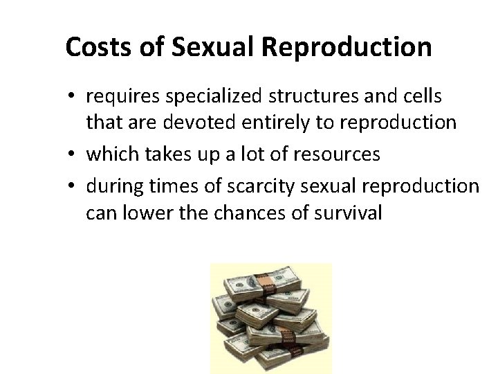 Costs of Sexual Reproduction • requires specialized structures and cells that are devoted entirely