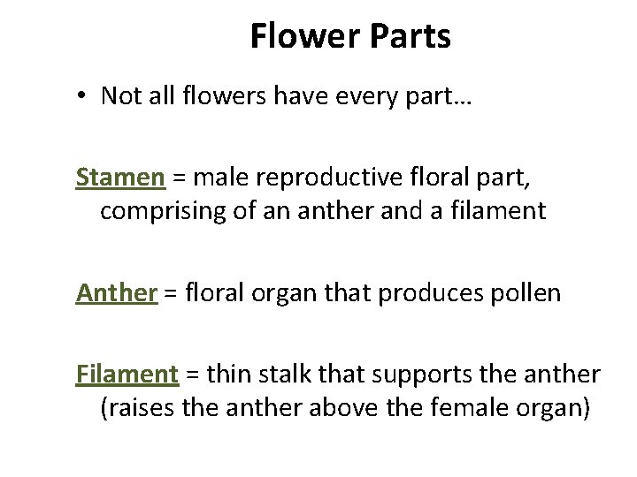 Flower Parts • Not all flowers have every part… Stamen = male reproductive floral