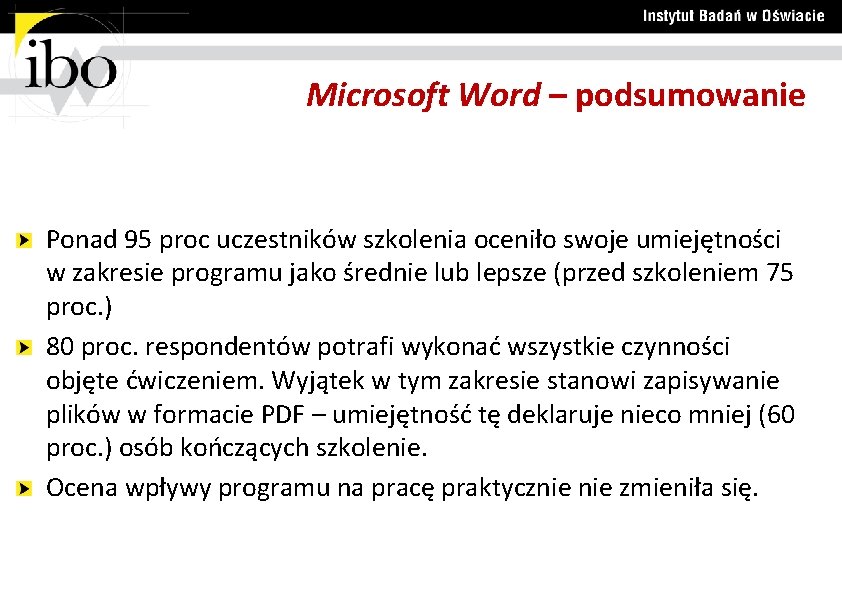 Microsoft Word – podsumowanie Ponad 95 proc uczestników szkolenia oceniło swoje umiejętności w zakresie