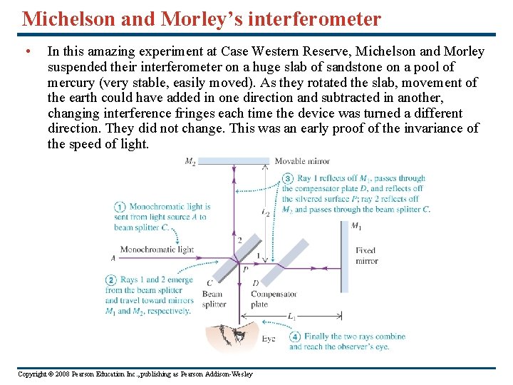 Michelson and Morley’s interferometer • In this amazing experiment at Case Western Reserve, Michelson