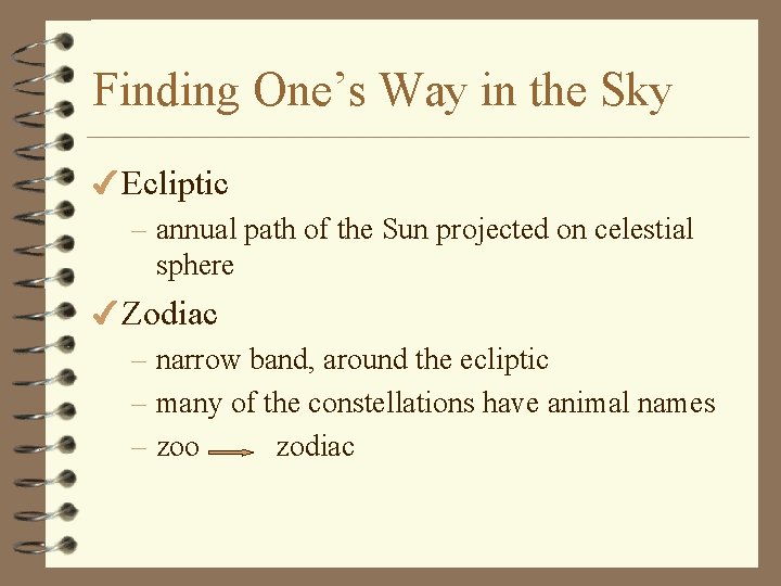 Finding One’s Way in the Sky 4 Ecliptic – annual path of the Sun