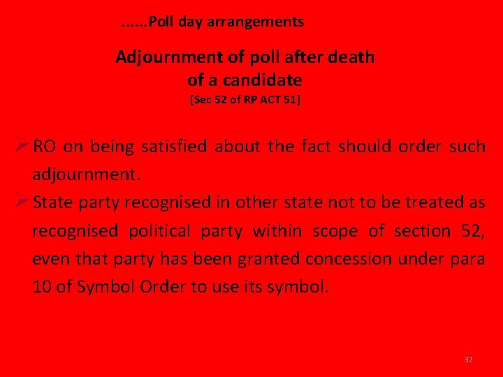 . . . Poll day arrangements Adjournment of poll after death of a candidate